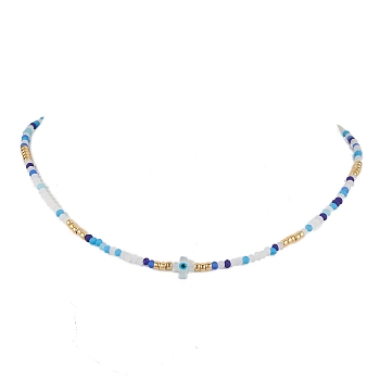 Glass Beaded Necklaces, with Natural White Shell Mother of Pearl Shell Beads Necklaces, Evil Eye, Cross, 16.34 inch(41.5cm)