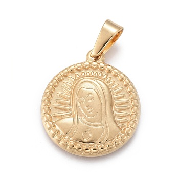 304 Stainless Steel Pendants, Flat Round with Virgin Mary, Golden, 29x25.5x3.5mm, Hole: 5x9mm
