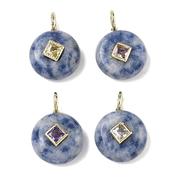 Natural Blue Spot Jasper Pendants, Flat Round Charms with Brass Micro Pave Random Color Cubic Zirconia Findings, Golden, 22x16x6.5~8mm, Hole: 2.5x4mm