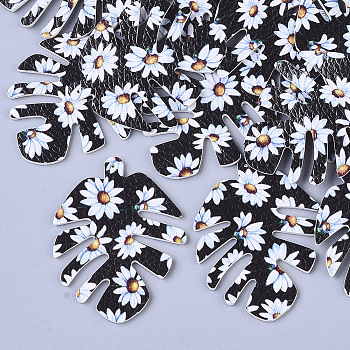 PU Leather Big Pendants, Double-Sided Printing, Daisy Flower Pattern, Leaf, Black, 55x43x2mm, Hole: 1mm
