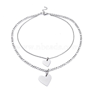 304 Stainless Steel Double Layer Necklaces, with Figaro Chains & Rolo Chains, Heart, Stainless Steel Color, 18.03 inch(45.8cm)(NJEW-M181-15P)
