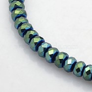 Electroplate Non-magnetic Synthetic Hematite Beads Strands, Faceted Rondelle, Green Plated, 4x3mm, Hole: 1mm, about 141pcs/strand, 15.7 inch(G-J208D-06)