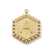 201 Stainless Steel Pendants, Golden, Hexagon with Letter Charm, Letter A, 21x16.5x2mm, Hole: 1.5mm(STAS-R227-01B-G)