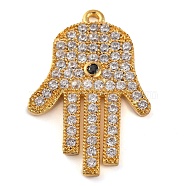 Rack Plating Brass Micro Pave Cubic Zirconia Pendants, Cadmium Free & Lead Free, Long-Lasting Plated, Hamsa Hand, Real 18K Gold Plated, 26x17.5x2.5mm, Hole: 1.2mm(KK-Z070-10G)