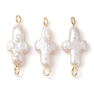 Natural Keshi Pearl Cross Links Connector Charms, with 304 Stainless Steel Double Loops, Golden, 20.5~21x7.5~8.5x3~4mm, Hole: 1.5~2mm(PALLOY-JF02822)