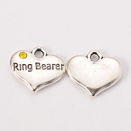 Wedding Theme Antique Silver Tone Tibetan Style Heart with Ring Bearer Rhinestone Charms, Citrine, 14x16x3mm, Hole: 2mm(X-TIBEP-N005-15E)