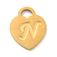 Ion Plating(IP) 304 Stainless Steel Pendants, Laser Cut, Heart with Letter Charm, Golden, Letter N, 15x12x1mm, Hole: 3x3.5mm(FIND-M017-01G-N)