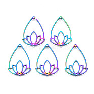 Rainbow Color 201 Stainless Steel Connector Charms, Teardrop with Flower, 25x35x1.5mm, Hole: 1.2mm(STAS-N098-043M)
