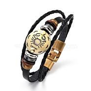 Braided Leather Cord Retro Multi-strand Bracelets, with Wood Beads, Hematite Beads and Alloy Findings, Flat Round,  Antique Bronze, Cancer, 8-1/4 inch(21cm)(BJEW-L616-20K)
