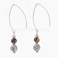 Natural Tiger Eye Beads Dangle Earrings, with Alloy Findings and 304 Stainless Steel Earring Hooks, Round, Stainless Steel Color & Antique Silver, 72mm, Pendant: 32x8mm, Pin: 0.7mm(EJEW-JE02811-04)