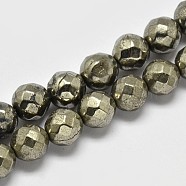 Natural Pyrite Round Beads Strands, Faceted(64 Facets), Grade A, 6mm, Hole: 1mm, about 67pcs/strand, 16 inch(G-F197-08-6mm)