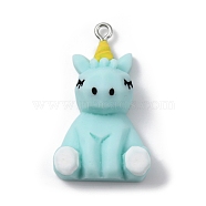 Opaque Resin Pendants, Animal Charms with Platinum Plated Iron Loops, Unicorn, 34.5x20x10mm, Hole: 2mm(RESI-B018-01F)