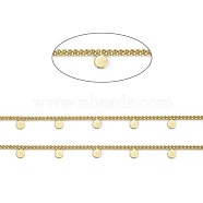3.28 Feet Handmade Brass Curb Chains, with Flat Round Charms, Soldered, Long-Lasting Plated, Real 18K Gold Plated, Link: 2x2x1mm, Flat Round: 4x3x0.5mm, about 32.8 Feet(10m)/roll(X-CHC-E020-06G)