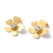 Flower Ion Plating(IP) 304 Stainless Steel Stud Earrings for Women, with Rhinestone, Golden, 21x24mm(EJEW-L287-004G)