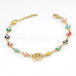 Colorful 304 Stainless Steel & Evil Eye Enamel Flat Round Link Bracelets, Letter Charm Bracelets for Women, Golden, Real 18K Gold Plated, Letter P, 6.69 inch(17cm)(FS-WGB13F5-16)