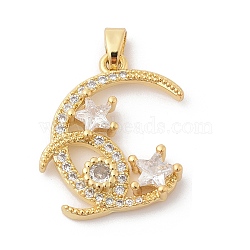 Brass Micro Pave Cubic Zirconia Pendants, Crescent Moon Charms, Clear, 22.5x20.5x4.5mm, Hole: 2.5x5mm(ZIRC-I069-02G-01)