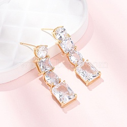 Rectangle Brass Micro Pave Cubic Zirconia Dangle Stud Earrings, Rack Plating, Long-Lasting Plated, Cadmium Free & Lead Free, Real 18K Gold Plated, 32.5x8.5mm(EJEW-C174-06G-01)
