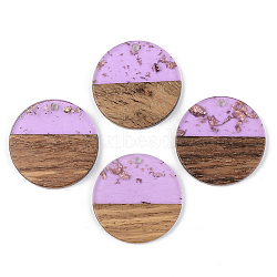 Transparent Resin & Walnut Wood Pendants, with Gold Foil, Flat Round, Lilac, 28x3mm, Hole: 2mm(RESI-S389-025A-B01)