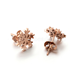 Ion Plating(IP) 304 Stainless Steel Ear Studs, Hypoallergenic Earrings, Snowflake, Rose Gold, 12x12mm, Pin: 0.8mm(EJEW-P045-01RG)