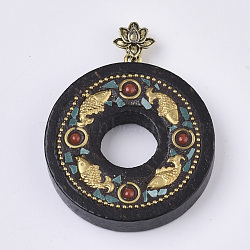 Handmade Indonesia Pendants, with Alloy Findings, Sandalwood and Resin, Donut with Fish, Lotus, Brown, 48~49x44x12mm, Hole: 7x4mm(IPDL-N002-51)