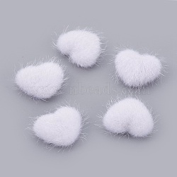 Faux Mink Fur Covered Cabochons, with Alloy Bottom, Heart, Silver Color Plated, White, 14x17x6.5mm(X-WOVE-F021-05S-09)