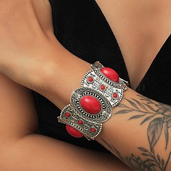 Bohemia Style Alloy Oval Stretch Bracelets for Women, with Red Acrylic Imitation Turquoise Beaded, Antique Silver, Inner Diameter: 2 inch(5cm)(BJEW-H327-03AS)
