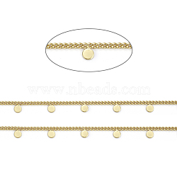 3.28 Feet Handmade Brass Curb Chains, with Flat Round Charms, Soldered, Long-Lasting Plated, Real 18K Gold Plated, Link: 2x2x1mm, Flat Round: 4x3x0.5mm, about 32.8 Feet(10m)/roll(X-CHC-E020-06G)