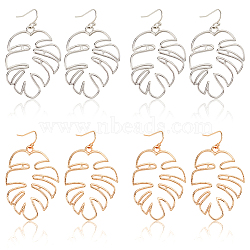 ANATTASOUL 4 Pairs 2 Colors Alloy Hollow Out Monstera Leaf Dangle Earrings for Women, Platinum & Rose Gold, 52mm, Pin: 0.7mm, 2 pairs/color(EJEW-AN0001-18)