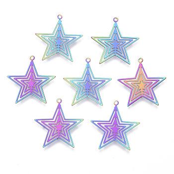Ion Plating(IP) 201 Stainless Steel Filigree Pendants, Etched Metal Embellishments, Star, Rainbow Color, 23x22x0.4mm, Hole: 1.2mm