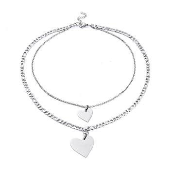 304 Stainless Steel Double Layer Necklaces, with Figaro Chains & Rolo Chains, Heart, Stainless Steel Color, 18.03 inch(45.8cm)