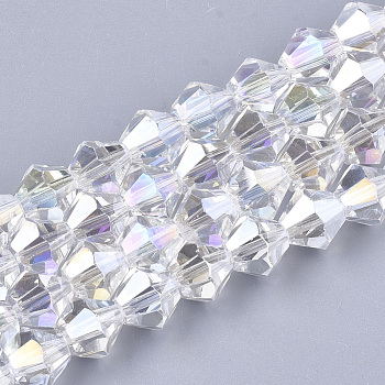 Electroplate Glass Beads Strands, AB Color Plated, Faceted, Bicone, Clear AB, 6x5.5~6mm, Hole: 1mm, about 47~48pcs/strand, 10.83 inch(27.5cm)
