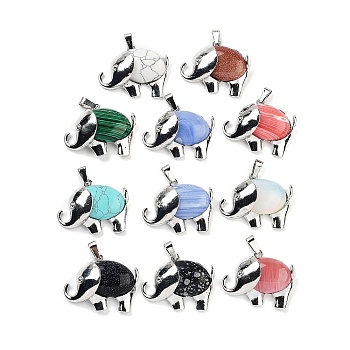 Natural Mixed Stone Pendants, Elephant Charms with Alloy Findings, Platinum, 29x37~37.5x9.5~10mm, Hole: 3x9mm