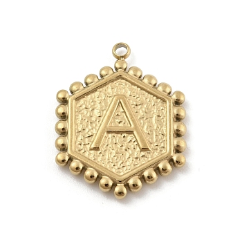 201 Stainless Steel Pendants, Golden, Hexagon with Letter Charm, Letter A, 21x16.5x2mm, Hole: 1.5mm