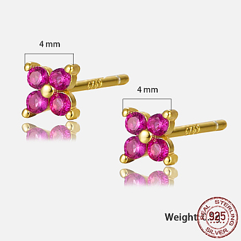 Golden Sterling Silver Flower Stud Earrings, with Cubic Zirconia, with S925 Stamp, Deep Pink, 4x4mm