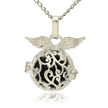 Silver Color Plated Brass Hollow Round Cage Pendants, with No Hole Spray Painted Brass Round Ball Beads, Round with Wing, Black, 26x26x19mm, Hole: 3x8mm