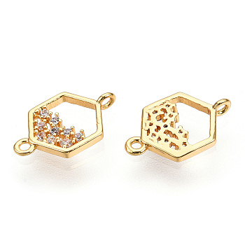 Brass Micro Pave Cubic Zirconia Links connectors, Nickel Free, Hexagon, Clear, Real 18K Gold Plated, 14.5x9x2.5mm, Hole: 1mm