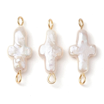 Natural Keshi Pearl Cross Links Connector Charms, with 304 Stainless Steel Double Loops, Golden, 20.5~21x7.5~8.5x3~4mm, Hole: 1.5~2mm