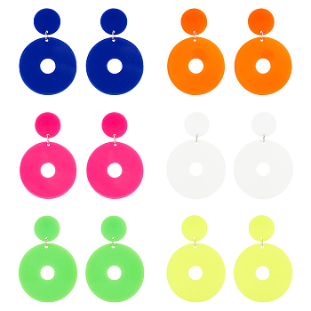 6 Pairs 6 Colors Acrylic Donut Dangle Stud Earrings with Steel Iron Pins for Women, Mixed Color, 62x42mm, 1 pair/color