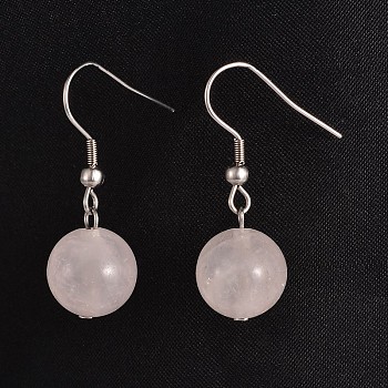 Round 304 Stainless Steel Natural Rose Quartz Dangle Earrings, 35mm, Pin: 0.8mm
