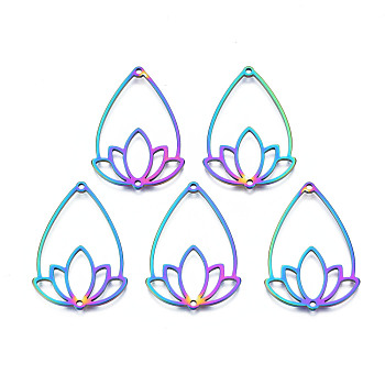 Rainbow Color 201 Stainless Steel Connector Charms, Teardrop with Flower, 25x35x1.5mm, Hole: 1.2mm