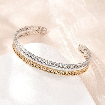 Two Tone 304 Stainless Steel Cuff Bangles for Women, Ring, Ion Plating(IP), Long-Lasting Plated, Golden & Stainless Steel Color, Inner Diameter: 2.28x2.09 inch(5.8x5.3cm)