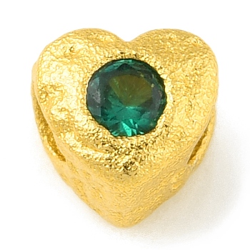Brass Spacer Beads, with Rhinestone, Heart, Matte Gold Color, Emerald, 4.5x4.5x4mm, Hole: 1.6mm