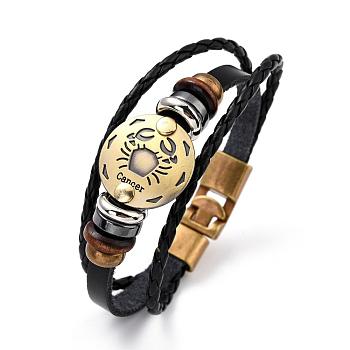 Braided Leather Cord Retro Multi-strand Bracelets, with Wood Beads, Hematite Beads and Alloy Findings, Flat Round,  Antique Bronze, Cancer, 8-1/4 inch(21cm)