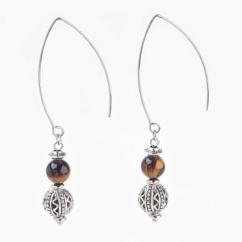 Natural Tiger Eye Beads Dangle Earrings, with Alloy Findings and 304 Stainless Steel Earring Hooks, Round, Stainless Steel Color & Antique Silver, 72mm, Pendant: 32x8mm, Pin: 0.7mm