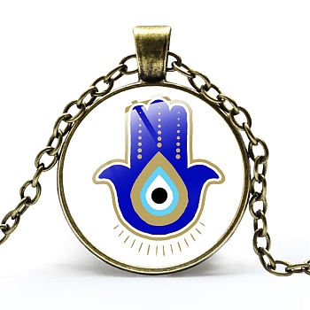 Alloy Cable Chain Necklaces, Glass Pendant Necklaces for Sweater, Antique Bronze, Evil Eye, Hamsa Hand, 21-5/8 inch(55cm)