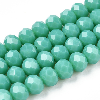 Opaque Solid Color Glass Beads Strands, Faceted, Rondelle, Light Sea Green, 2.3~2.7x1.5mm, Hole: 0.4mm, about 150~160pcs/strand, 11.42~12.2 inch(29~31cm)