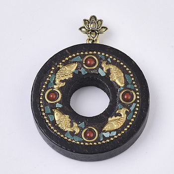 Handmade Indonesia Pendants, with Alloy Findings, Sandalwood and Resin, Donut with Fish, Lotus, Brown, 48~49x44x12mm, Hole: 7x4mm