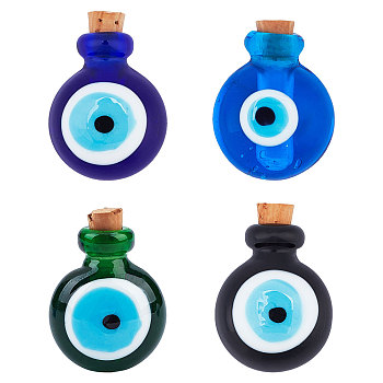 4Pcs 4 Colors Handmade Lampwork Perfume Bottle Pendants, Essential Oil Bottle, Evil Eye, Mixed Color, 29.5mm, Hole: 5mm