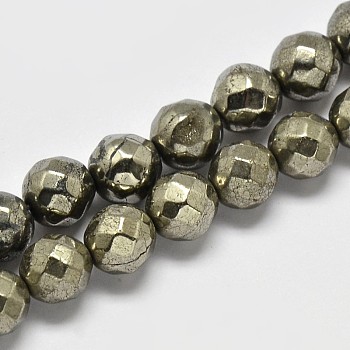 Natural Pyrite Round Beads Strands, Faceted(64 Facets), Grade A, 6mm, Hole: 1mm, about 67pcs/strand, 16 inch