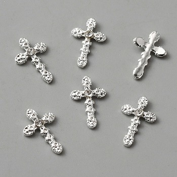 Alloy Rhinestone Cabochons, Nail Art Decoration Accessories, Cross, Silver, 13.5x8.5x2mm